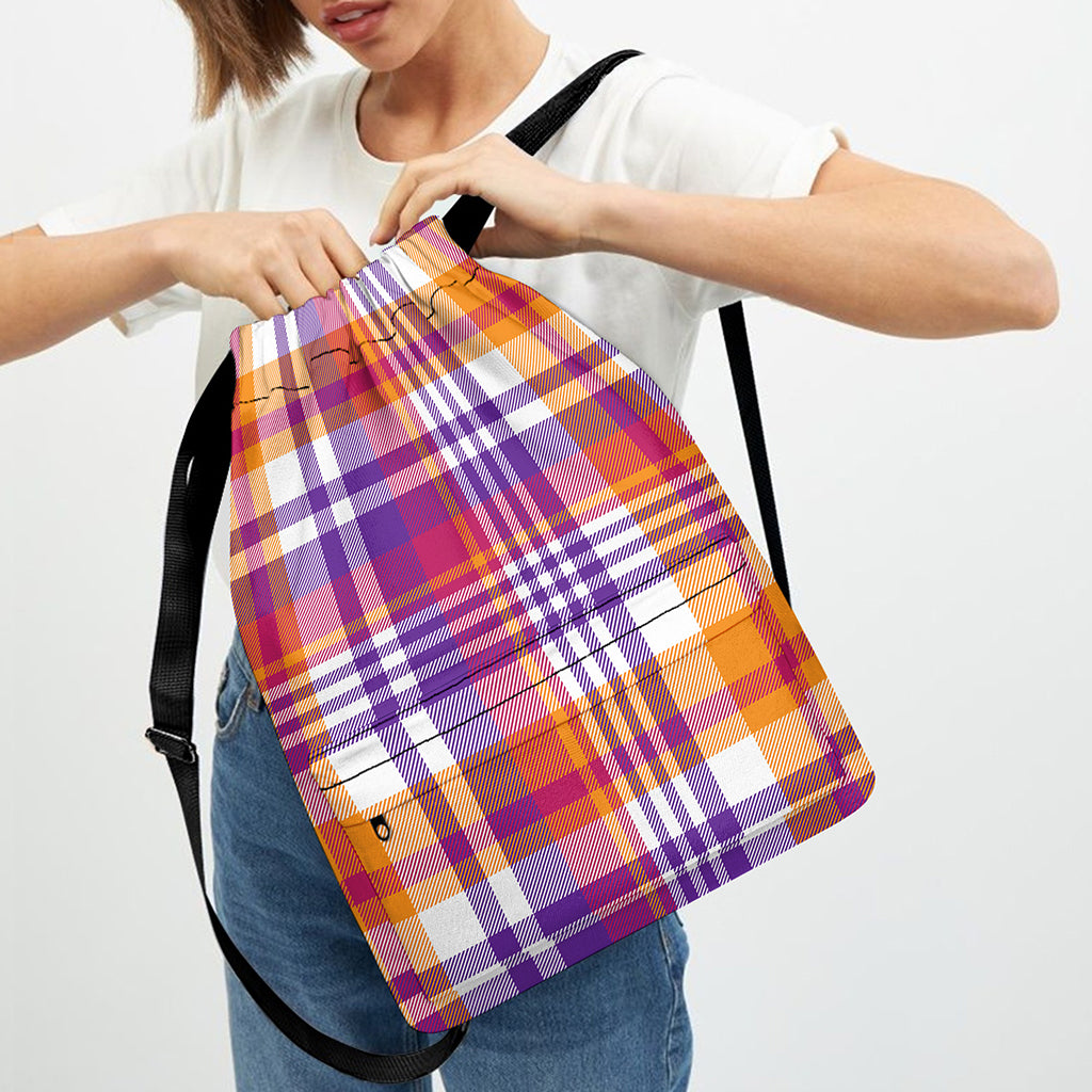Purple And Orange Madras Plaid Print Drawstring Backpack