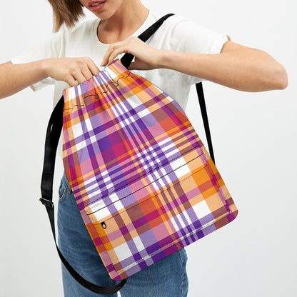 Purple And Orange Madras Plaid Print Drawstring Backpack
