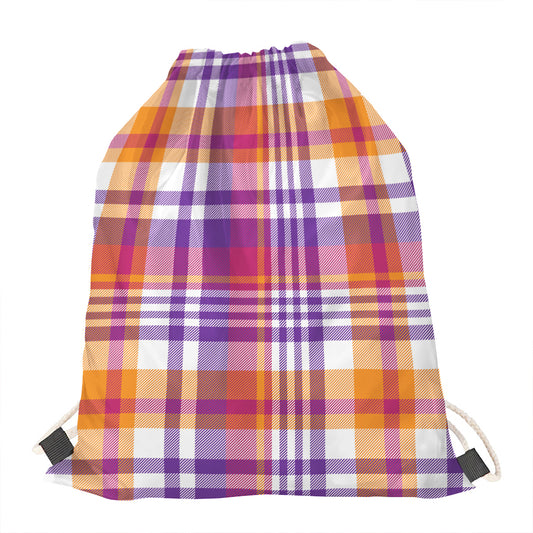 Purple And Orange Madras Plaid Print Drawstring Bag