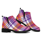 Purple And Orange Madras Plaid Print Flat Ankle Boots