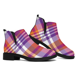 Purple And Orange Madras Plaid Print Flat Ankle Boots