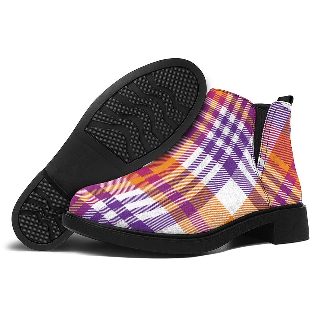 Purple And Orange Madras Plaid Print Flat Ankle Boots