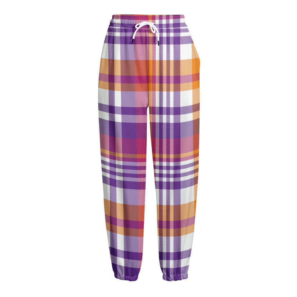 Purple And Orange Madras Plaid Print Fleece Lined Knit Pants