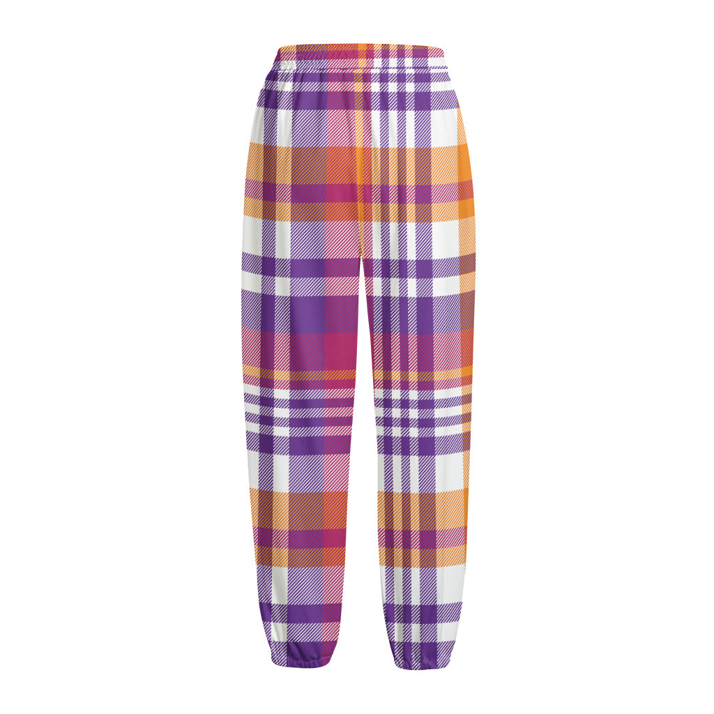 Purple And Orange Madras Plaid Print Fleece Lined Knit Pants