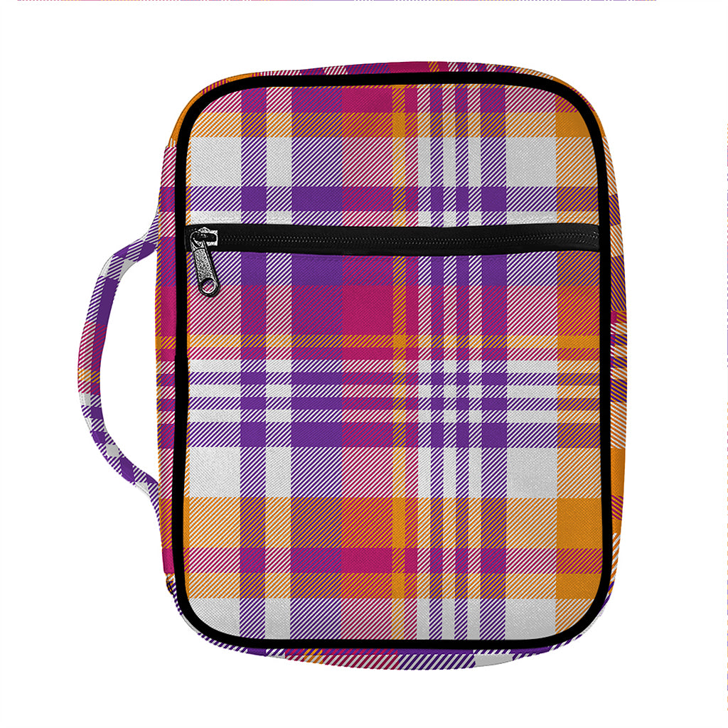 Purple And Orange Madras Plaid Print Front Pocket Bible Bag