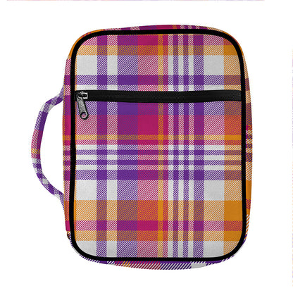 Purple And Orange Madras Plaid Print Front Pocket Bible Bag