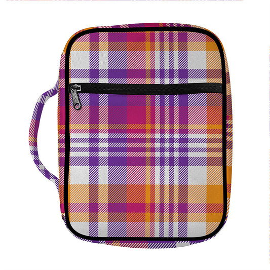 Purple And Orange Madras Plaid Print Front Pocket Bible Bag