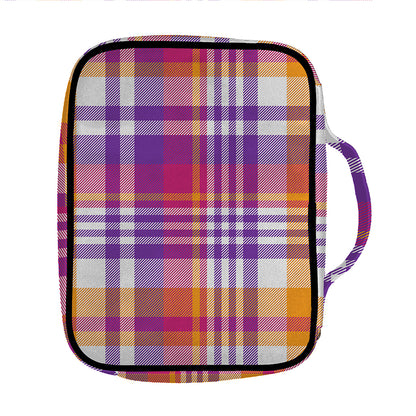Purple And Orange Madras Plaid Print Front Pocket Bible Bag