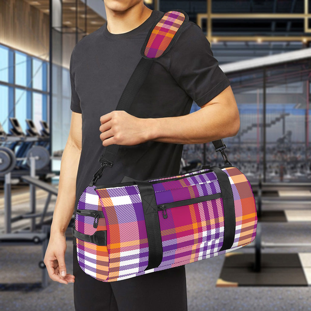Purple And Orange Madras Plaid Print Gym Bag