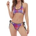 Purple And Orange Madras Plaid Print Halter Scoop Tie Side Bikini