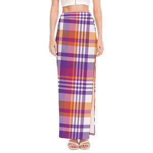 Purple And Orange Madras Plaid Print High Slit Maxi Skirt