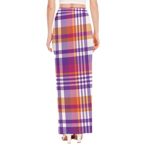 Purple And Orange Madras Plaid Print High Slit Maxi Skirt