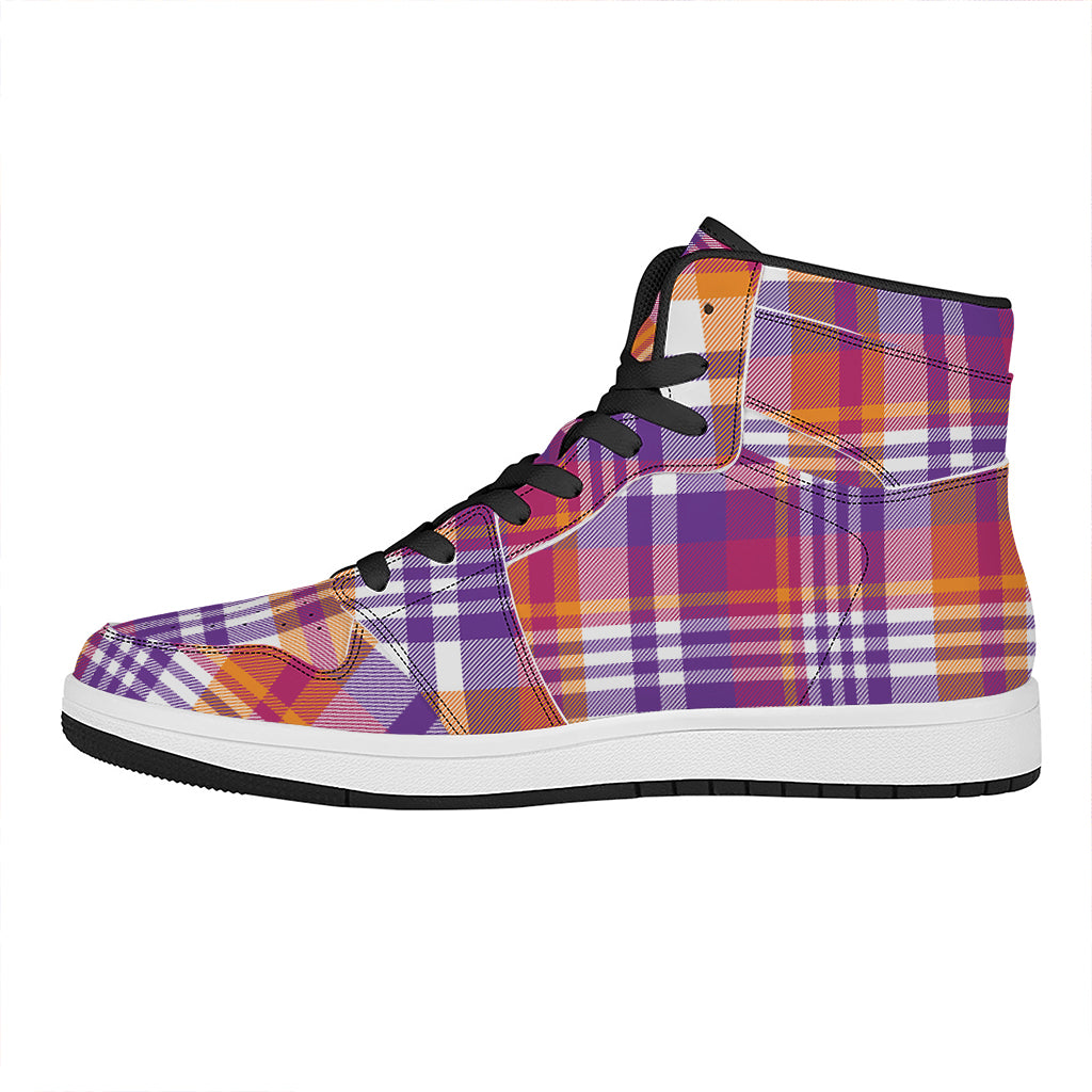 Purple And Orange Madras Plaid Print High Top Leather Sneakers
