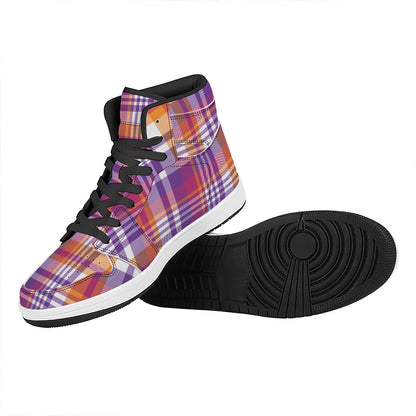 Purple And Orange Madras Plaid Print High Top Leather Sneakers