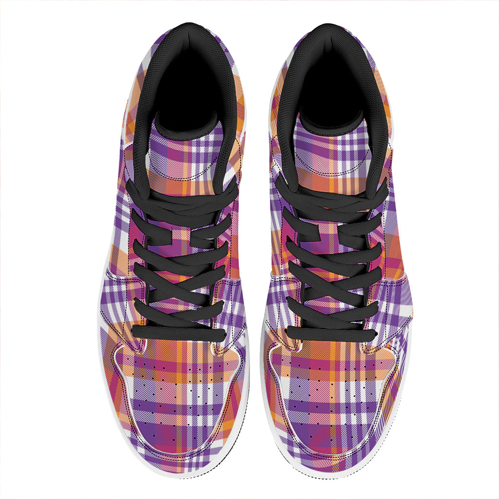 Purple And Orange Madras Plaid Print High Top Leather Sneakers