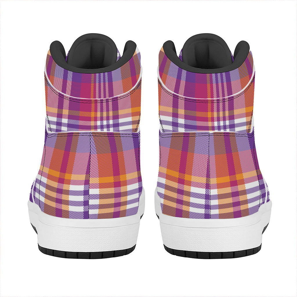 Purple And Orange Madras Plaid Print High Top Leather Sneakers