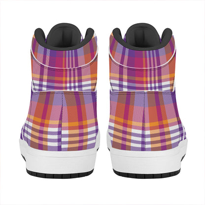 Purple And Orange Madras Plaid Print High Top Leather Sneakers