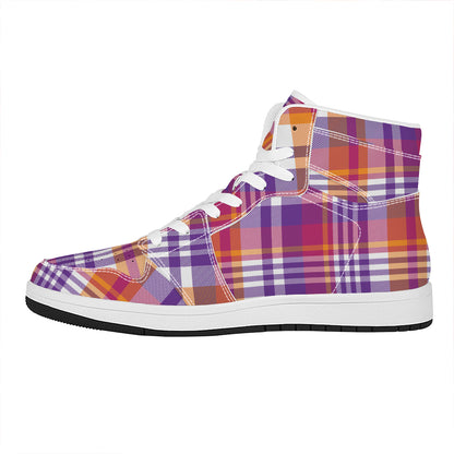 Purple And Orange Madras Plaid Print High Top Leather Sneakers