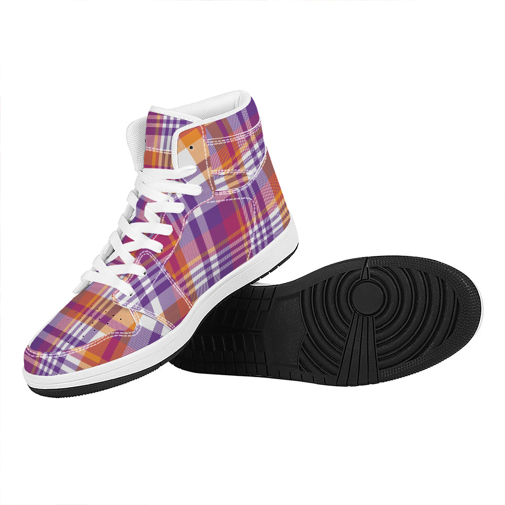 Purple And Orange Madras Plaid Print High Top Leather Sneakers