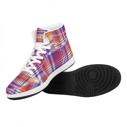 Purple And Orange Madras Plaid Print High Top Leather Sneakers
