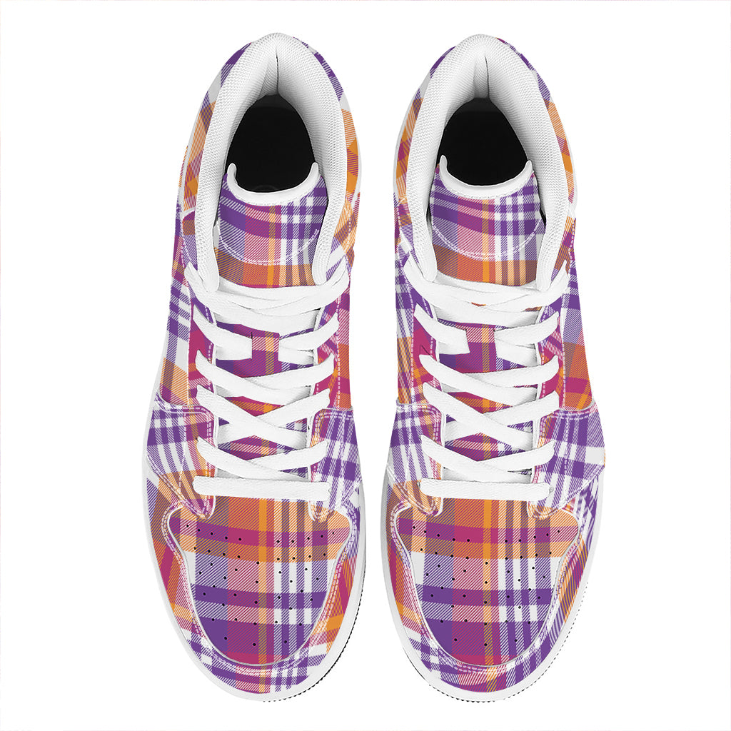 Purple And Orange Madras Plaid Print High Top Leather Sneakers