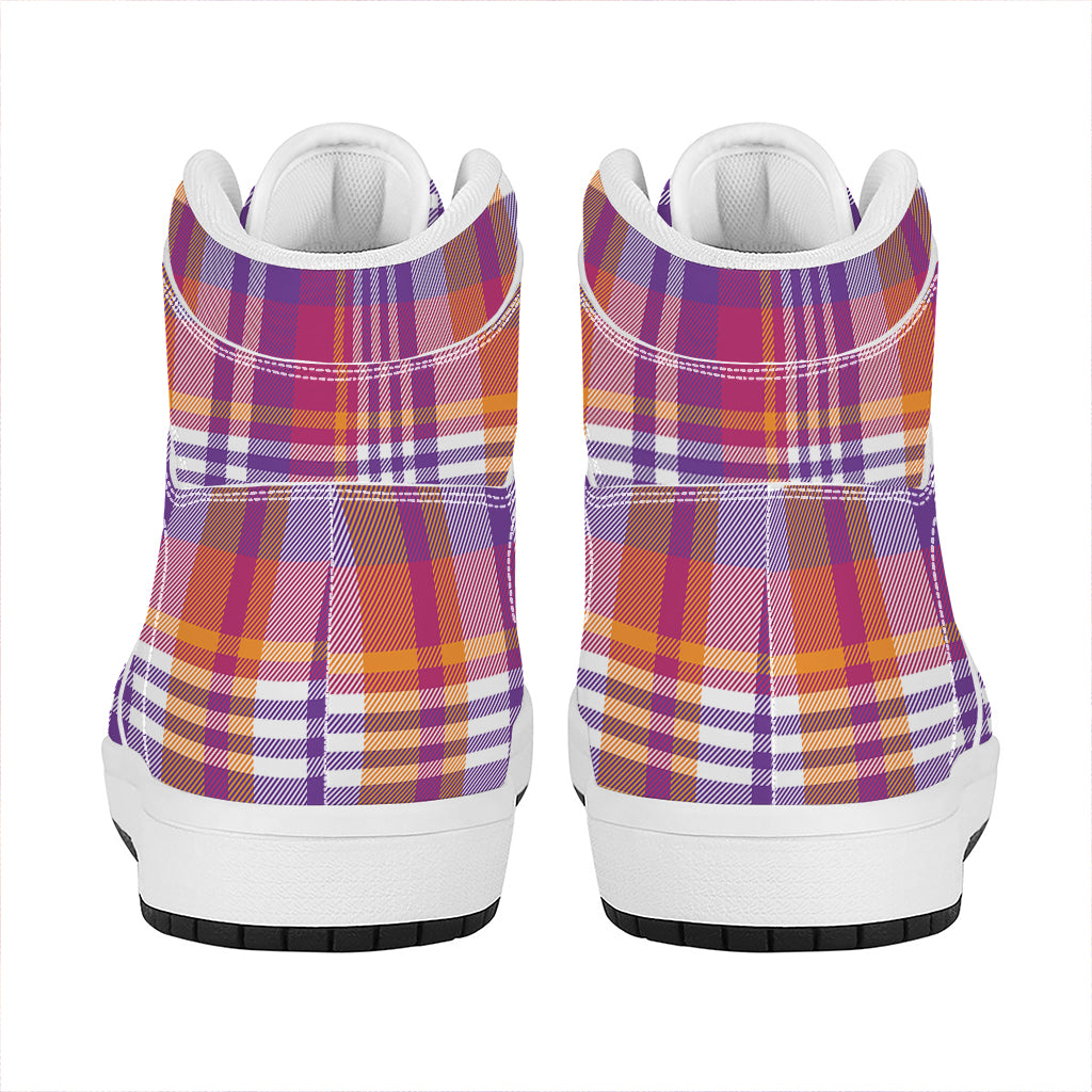 Purple And Orange Madras Plaid Print High Top Leather Sneakers