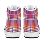 Purple And Orange Madras Plaid Print High Top Leather Sneakers
