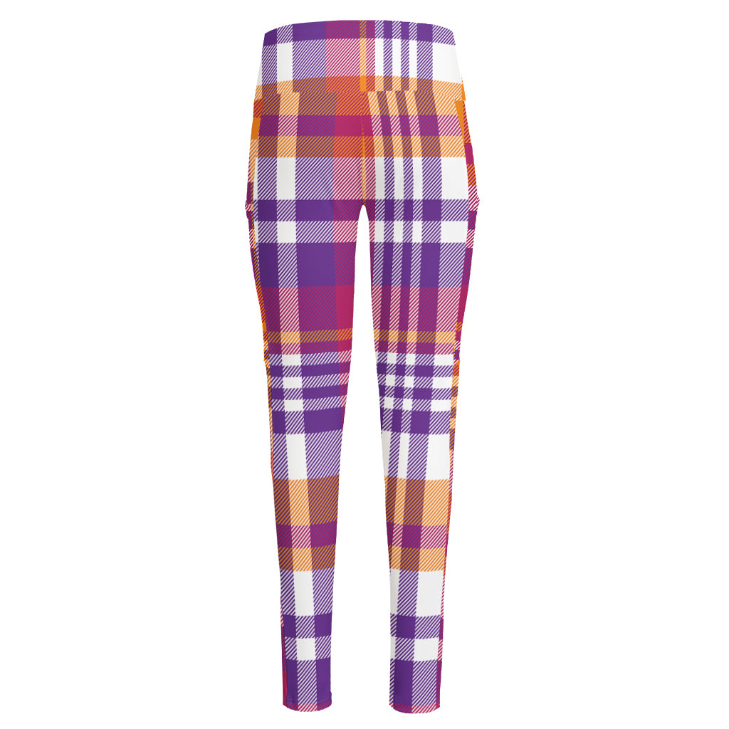 Purple And Orange Madras Plaid Print High-Waisted Pocket Leggings