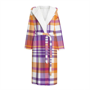 Purple And Orange Madras Plaid Print Hooded Bathrobe