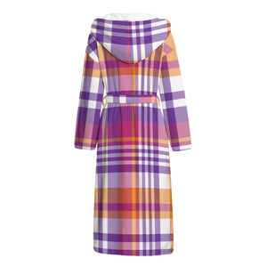 Purple And Orange Madras Plaid Print Hooded Bathrobe