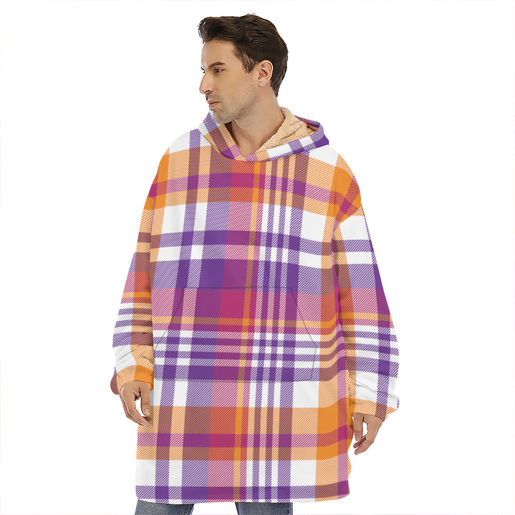 Purple And Orange Madras Plaid Print Hoodie Blanket