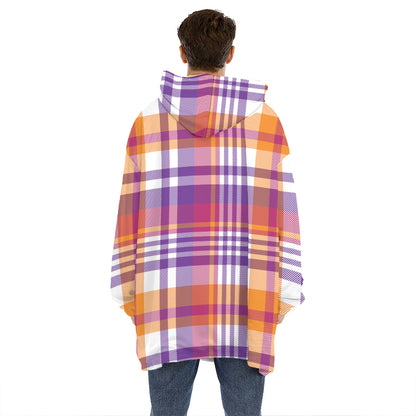 Purple And Orange Madras Plaid Print Hoodie Blanket