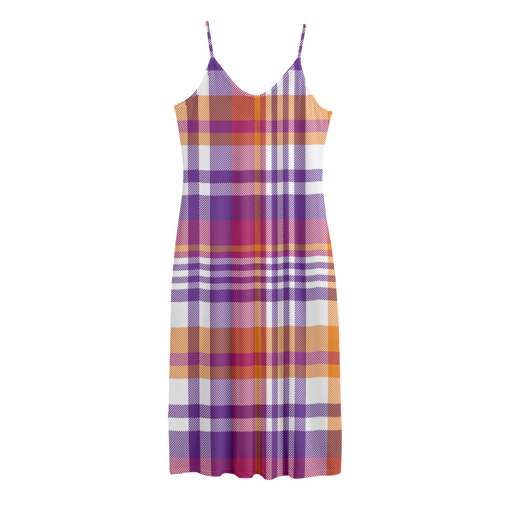 Purple And Orange Madras Plaid Print Jersey Midi Cami Dress