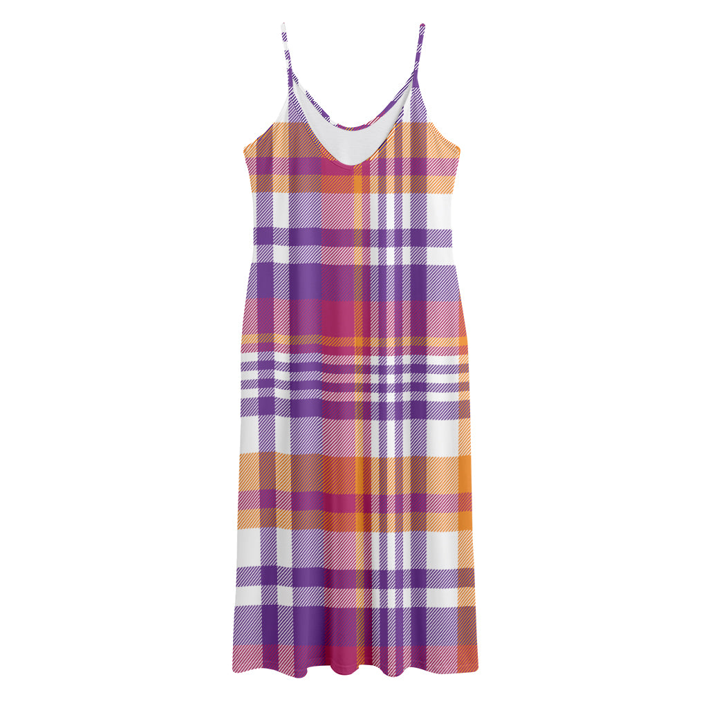 Purple And Orange Madras Plaid Print Jersey Midi Cami Dress