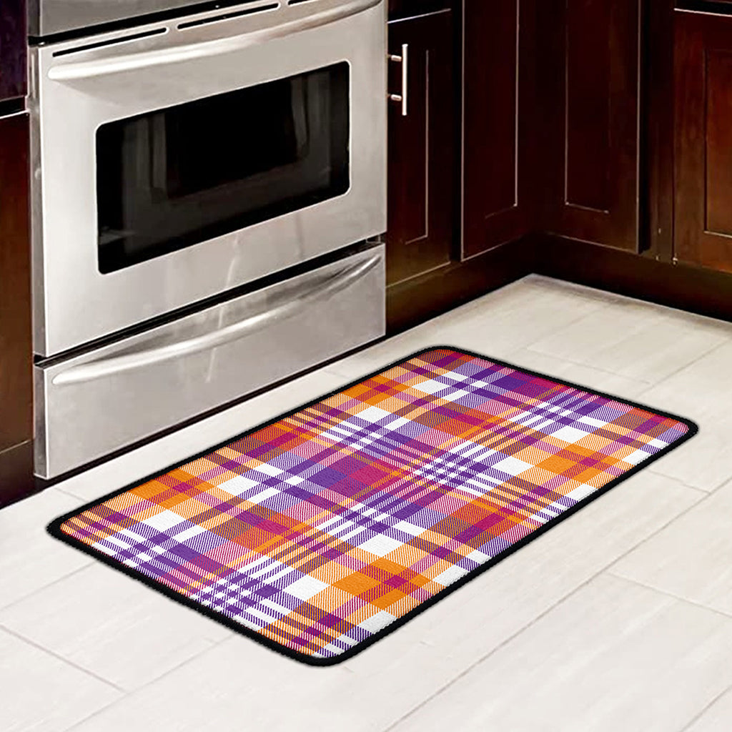 Purple And Orange Madras Plaid Print Kitchen Mat