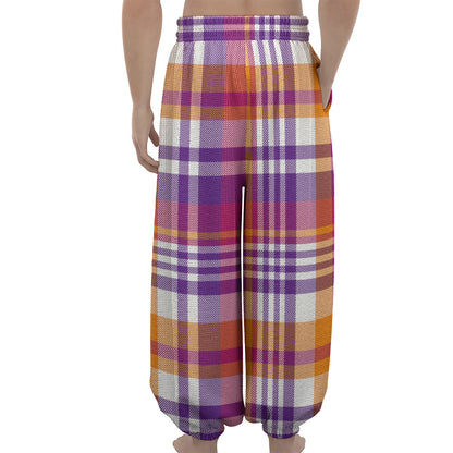 Purple And Orange Madras Plaid Print Lantern Pants