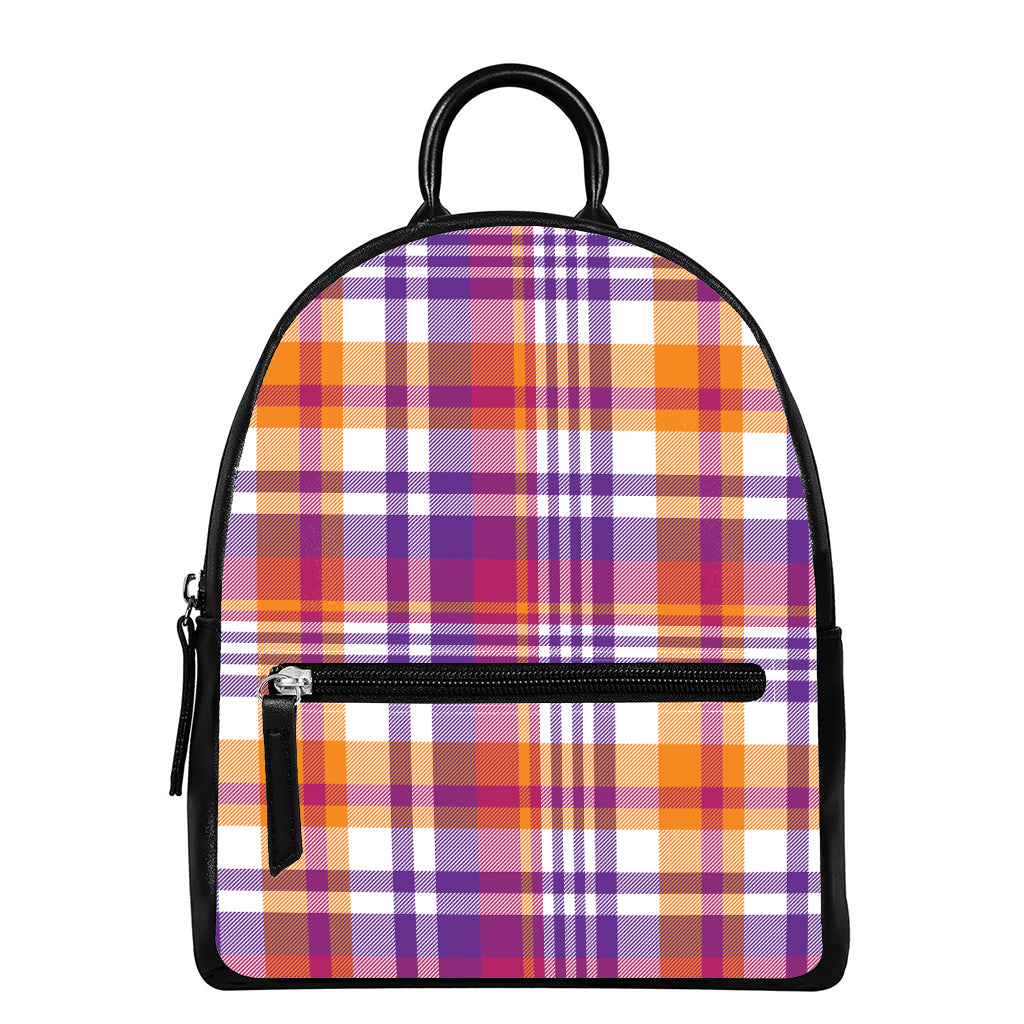 Purple And Orange Madras Plaid Print Leather Backpack