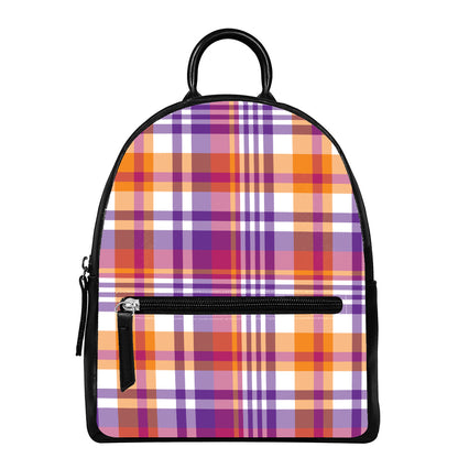 Purple And Orange Madras Plaid Print Leather Backpack