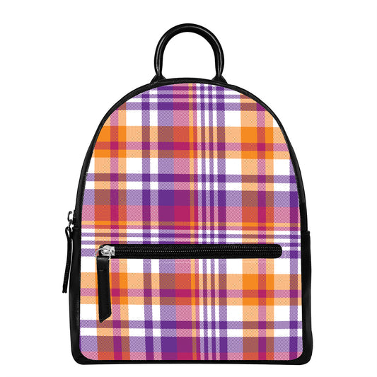 Purple And Orange Madras Plaid Print Leather Backpack