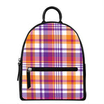 Purple And Orange Madras Plaid Print Leather Backpack