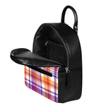 Purple And Orange Madras Plaid Print Leather Backpack