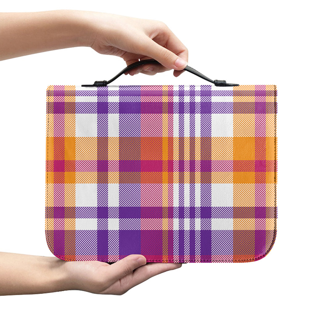 Purple And Orange Madras Plaid Print Leather Bible Cover