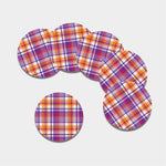 Purple And Orange Madras Plaid Print Leather Coaster Set