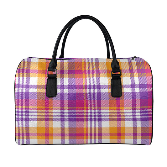 Purple And Orange Madras Plaid Print Leather Duffle Bag