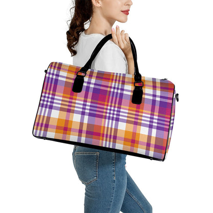 Purple And Orange Madras Plaid Print Leather Duffle Bag