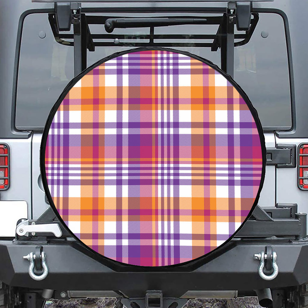 Purple And Orange Madras Plaid Print Leather Spare Tire Cover