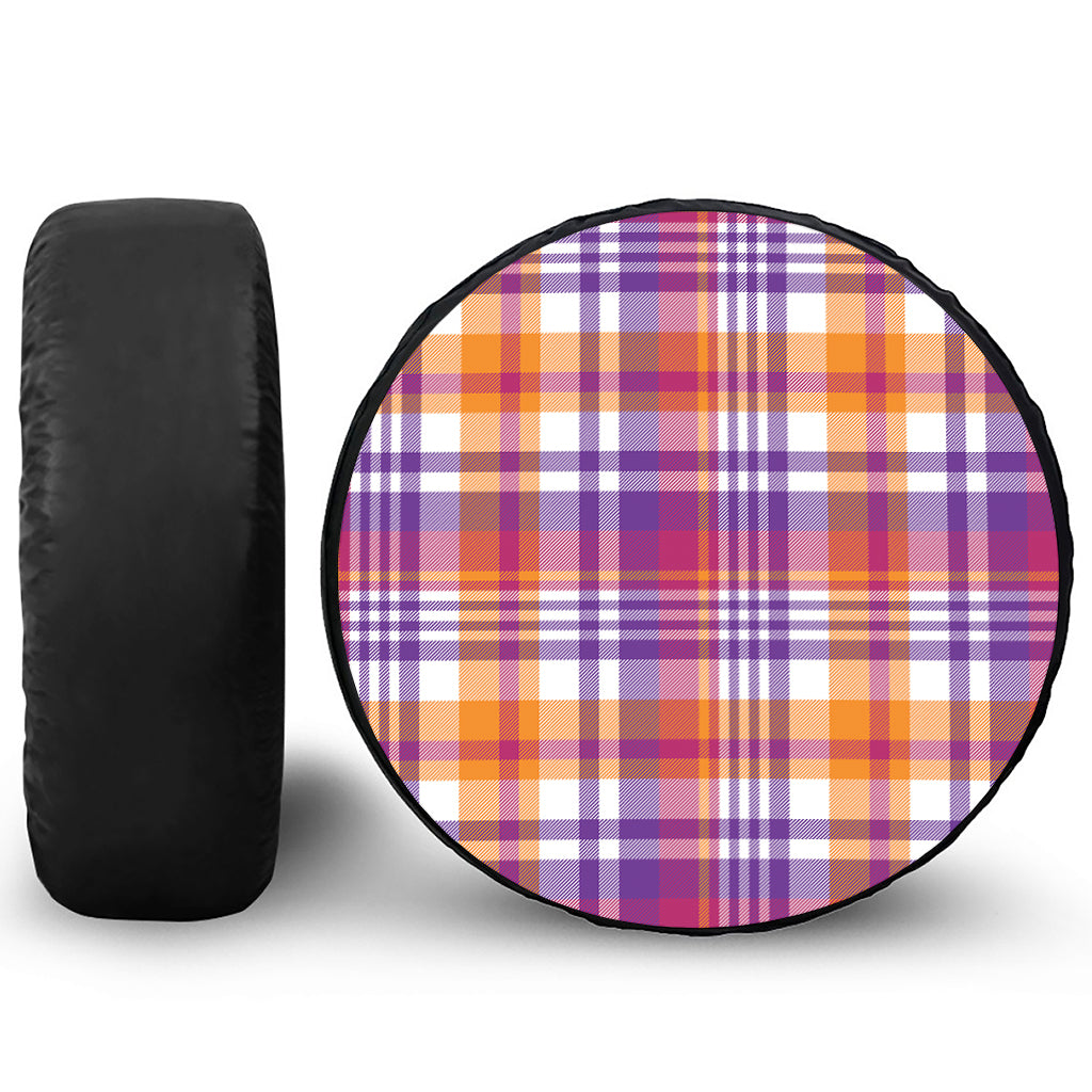 Purple And Orange Madras Plaid Print Leather Spare Tire Cover