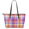 Purple And Orange Madras Plaid Print Leather Tote Bag With Zipper