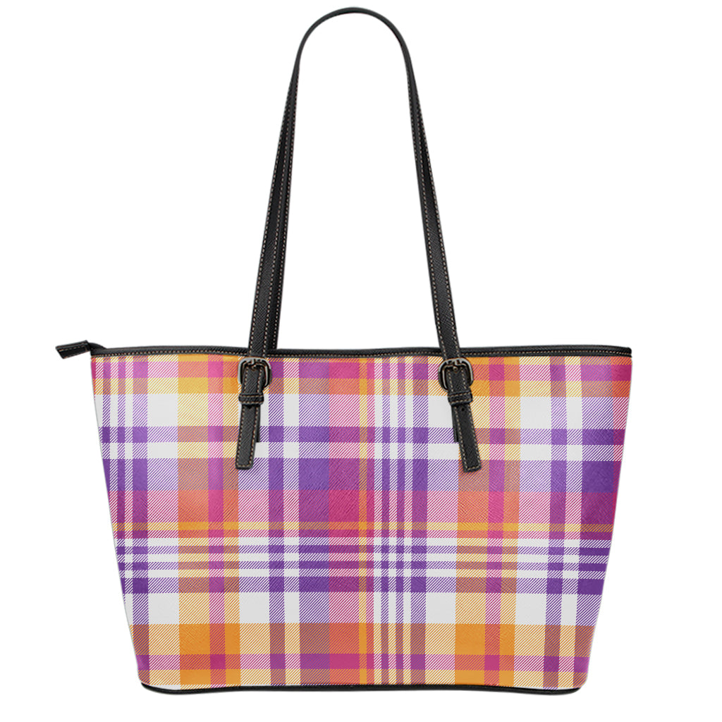 Purple And Orange Madras Plaid Print Leather Tote Bag