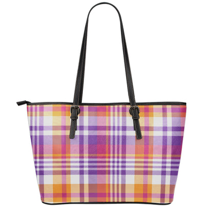 Purple And Orange Madras Plaid Print Leather Tote Bag